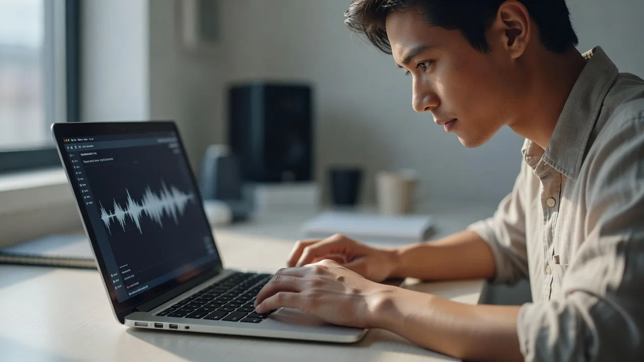 Editing a Vietnamese voice prompt on a laptop for a localization project