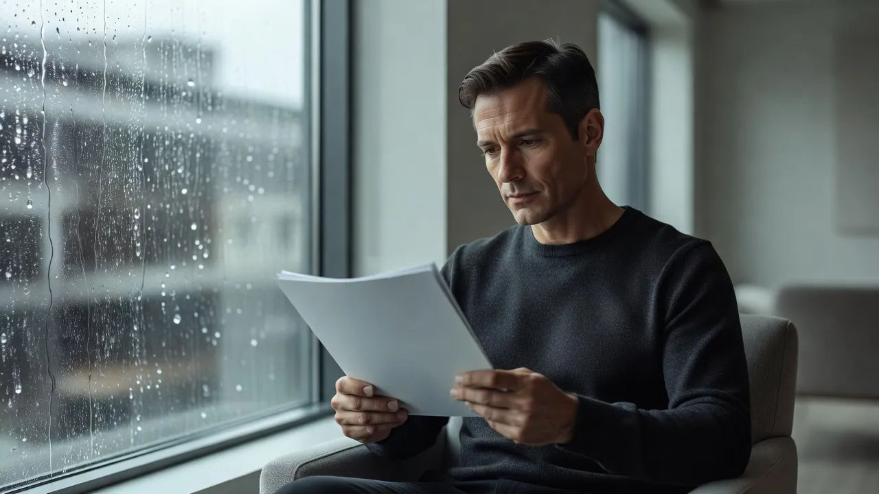 Narrator reading a single page by a rain-streaked window