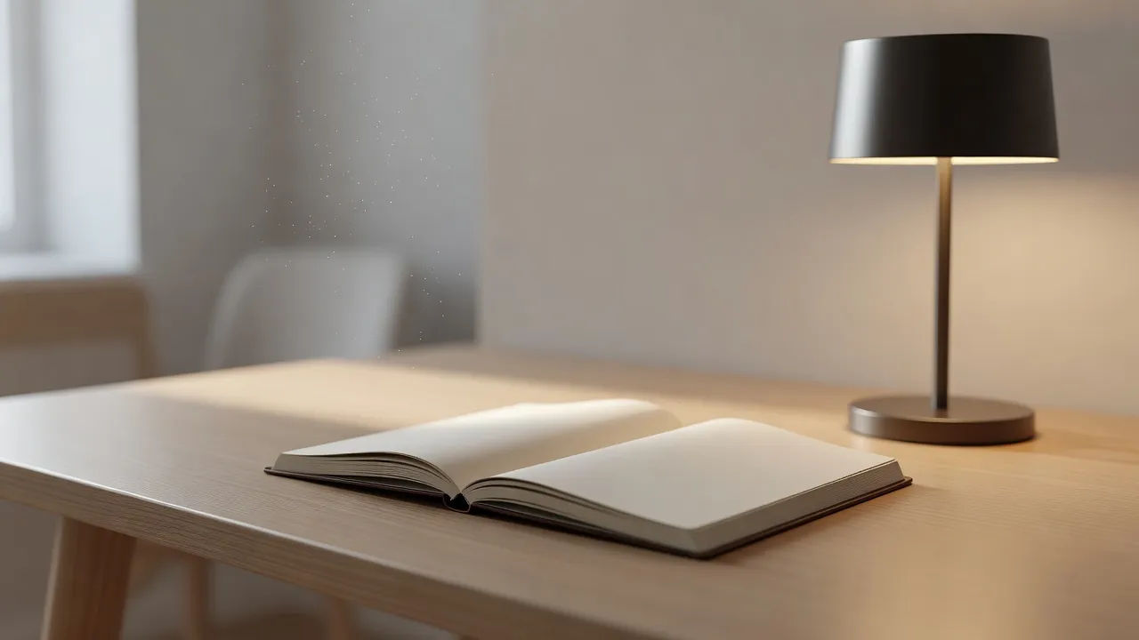 Quiet interior scene with an open notebook and soft lamp light
