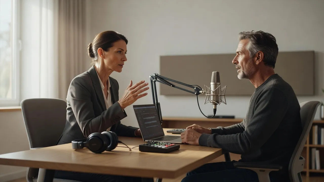 Editor directing a narrator voice at a softly lit desk