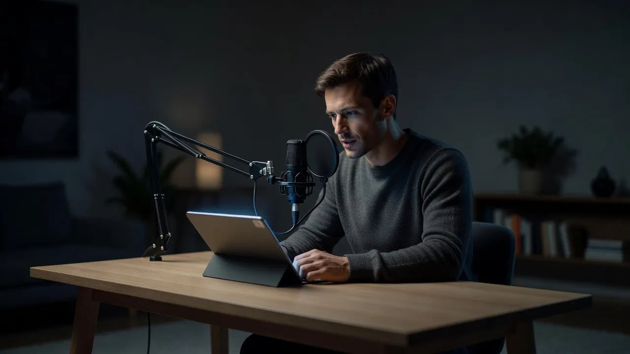 Narrator at a home mic reading from a glowing screen late at night