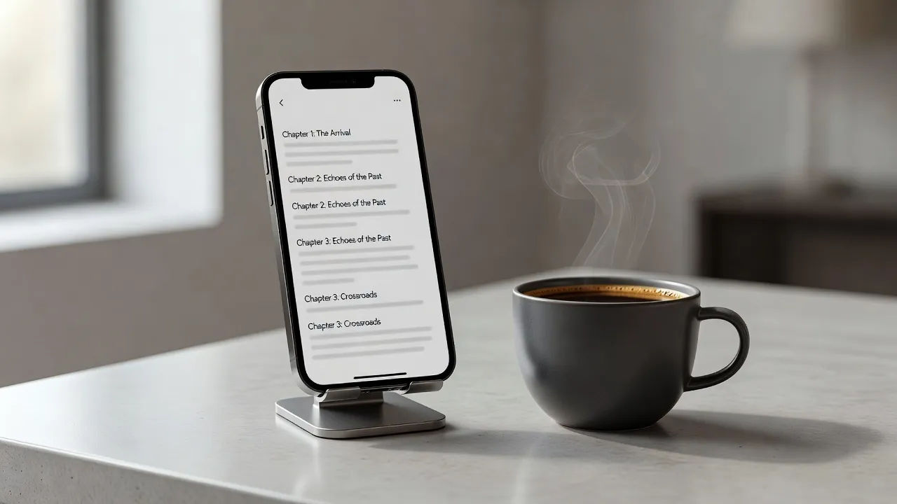 Phone on a stand showing a chapter list beside a coffee cup