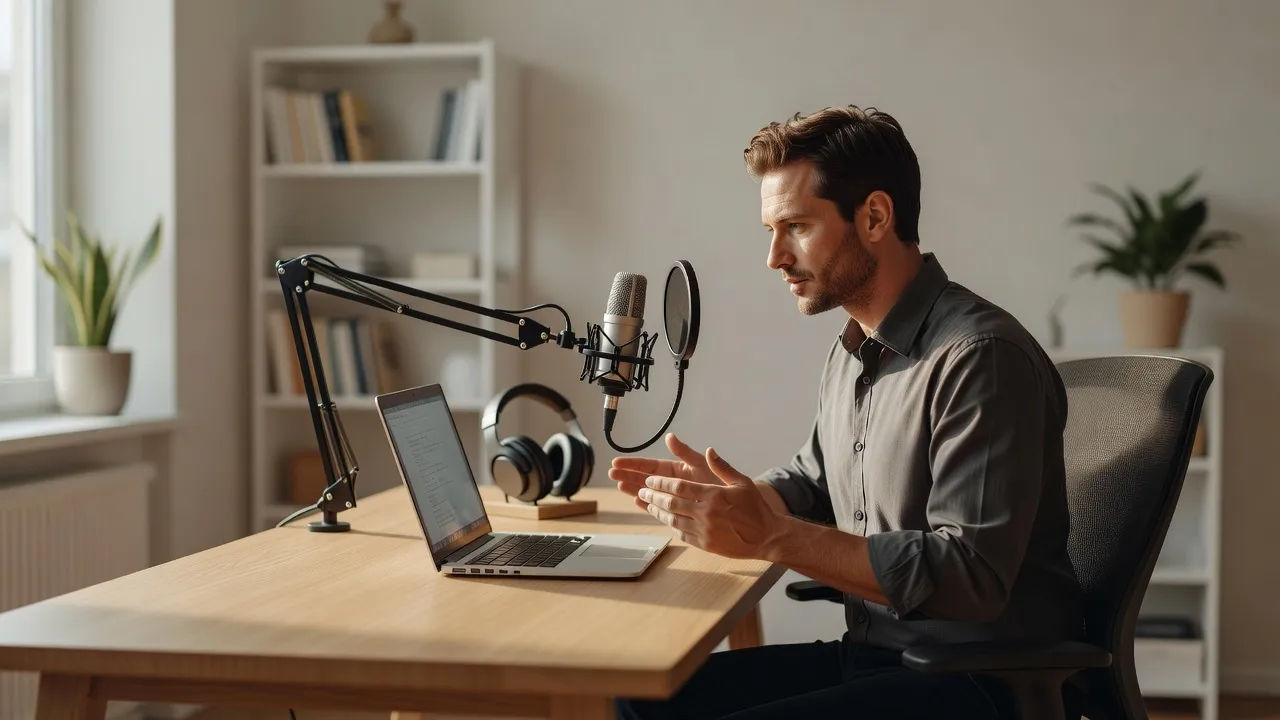 Writer directing a narrator voice at a tidy desk setup