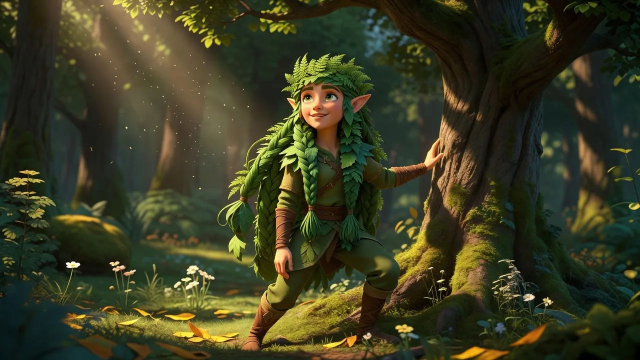 Cartoon wood elf with leaf-woven hair standing in a sunlit forest glade