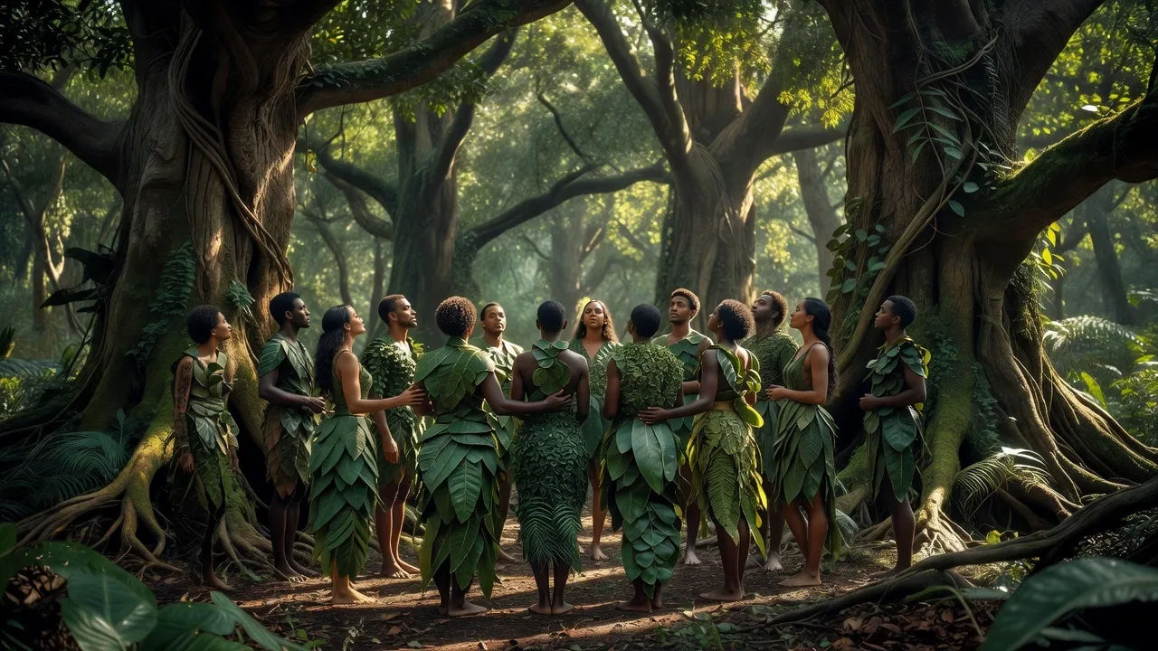 Group of leaf-clad figures gathered among ancient trees in dappled light