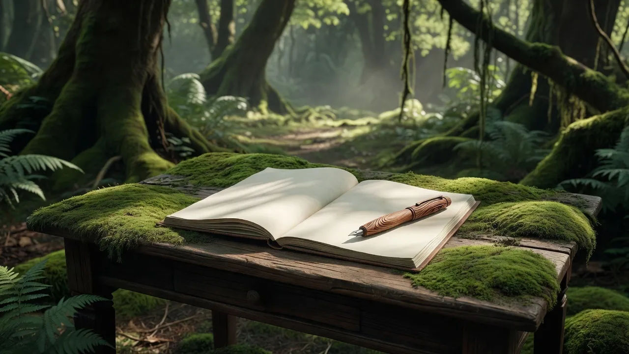 Mossy forest desk with an open script and a carved wooden pen