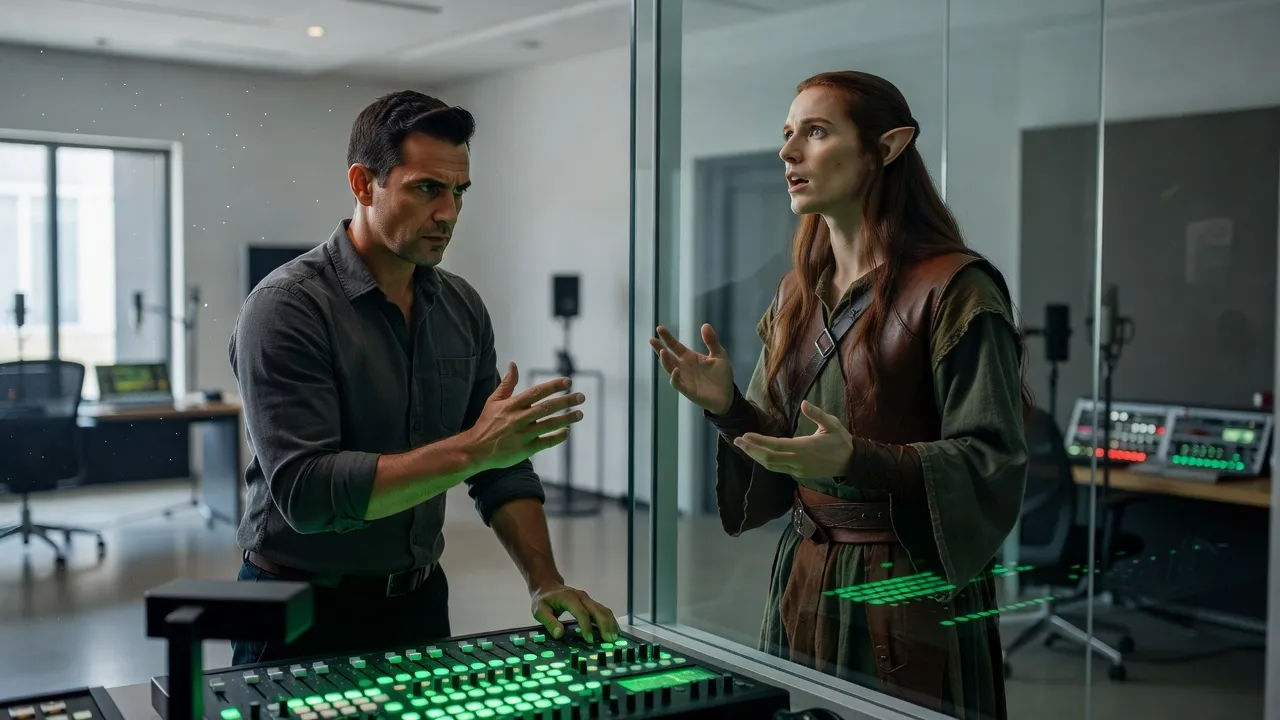 Sound designer directing a wood elf voice at a green-lit console