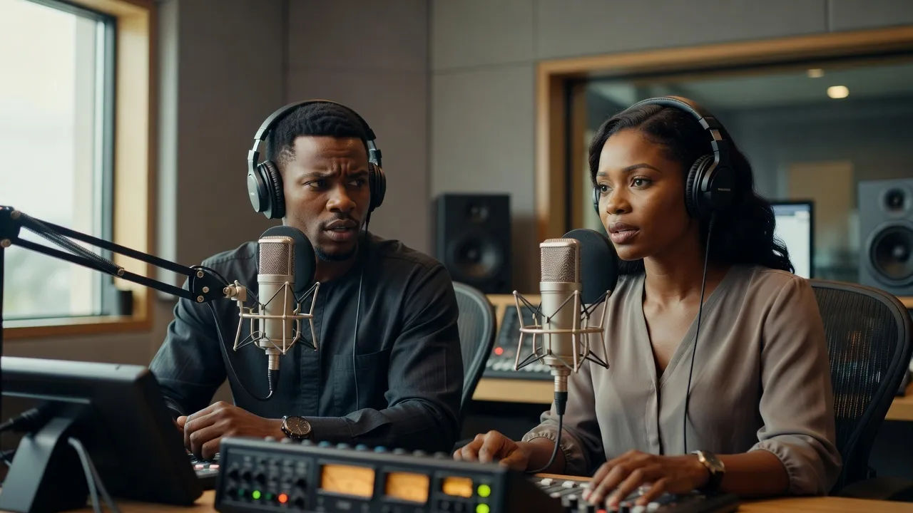 Two native Yoruba voices recording a localized dub