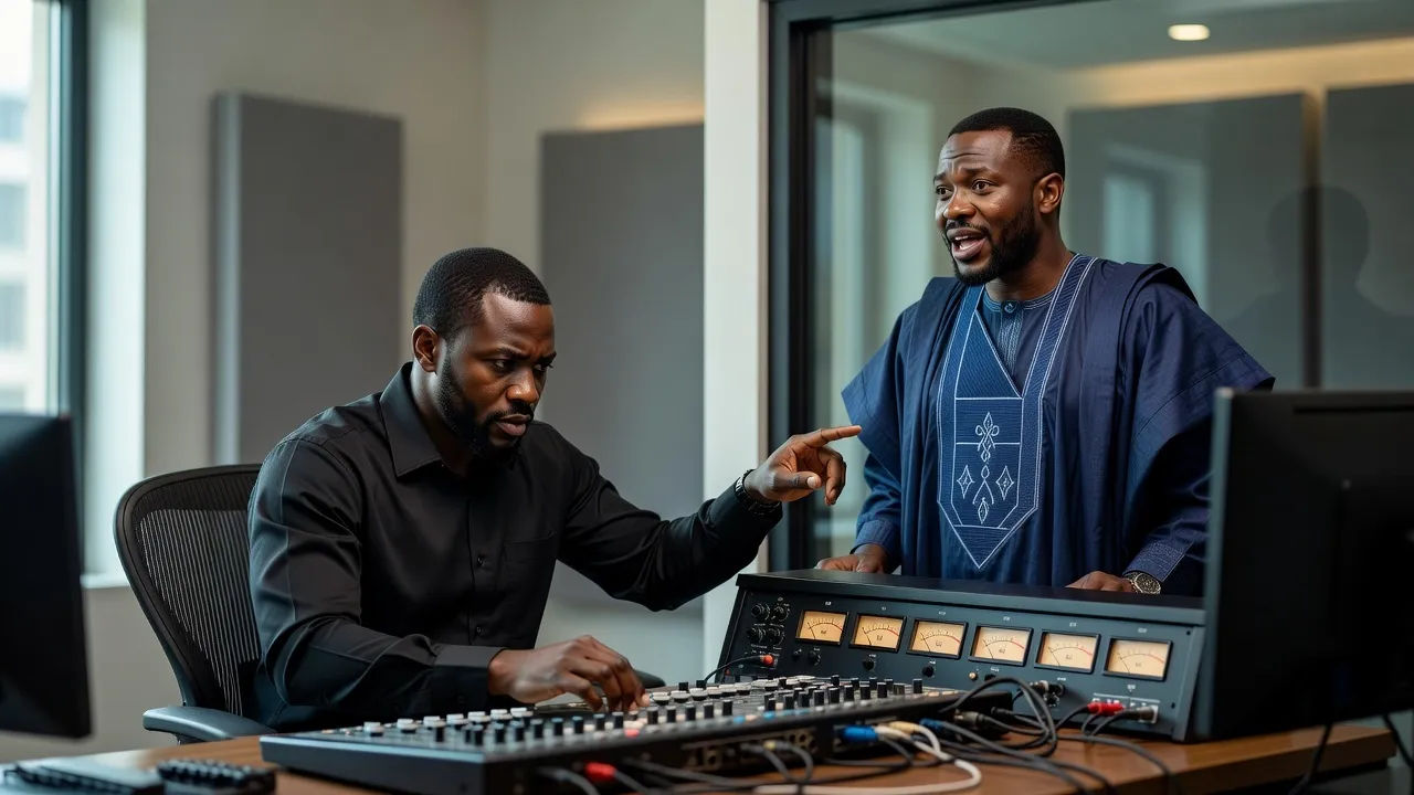 Sound designer directing a Yoruba voice at a console