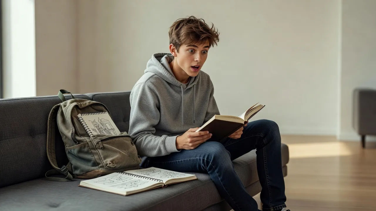Narrator reading with teen energy beside a backpack and sketchbook