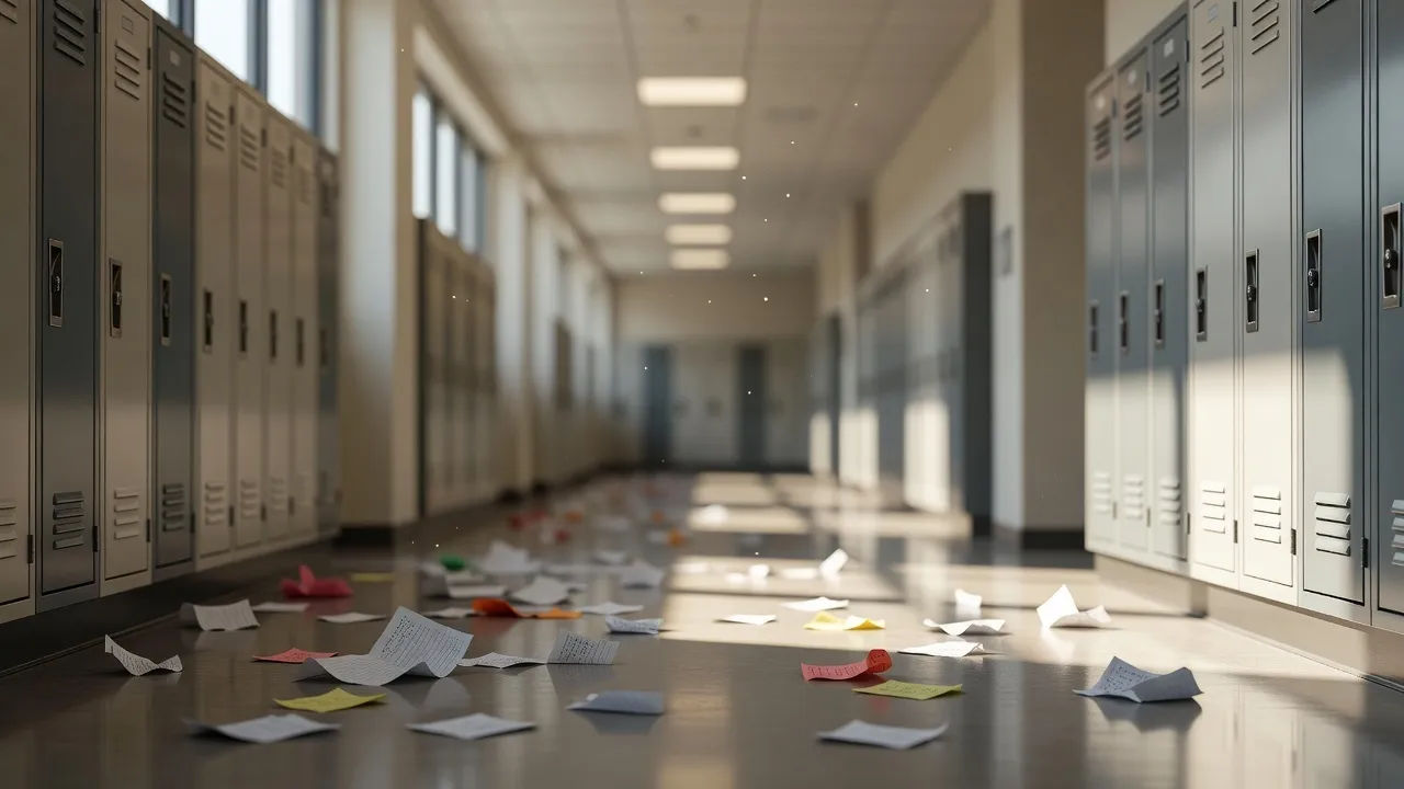 A sunlit high-school hallway with lockers and scattered notes