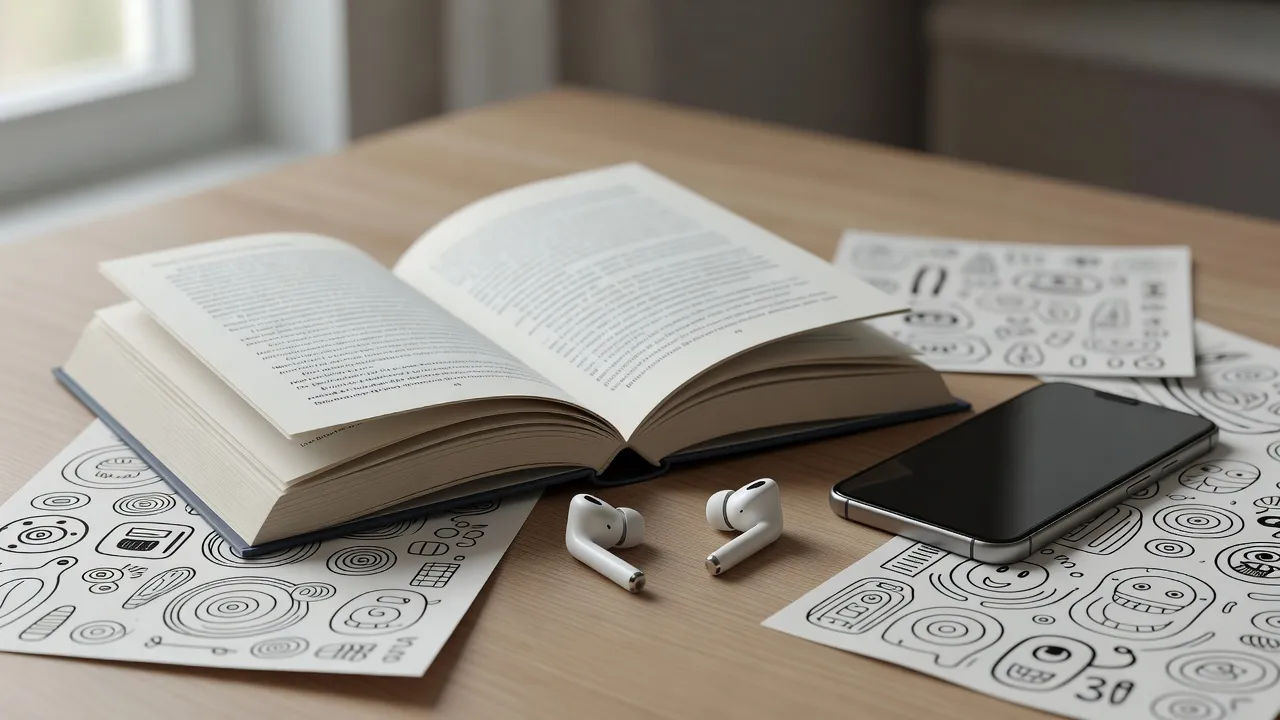 Open YA paperback beside earbuds, a phone, and doodled notes