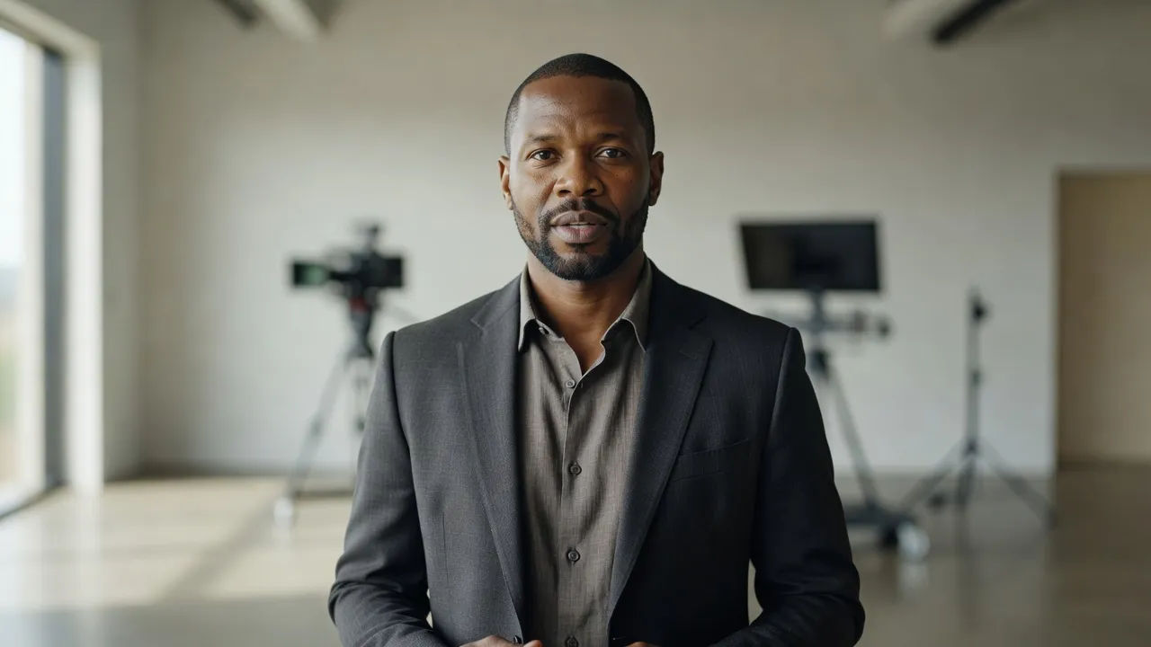 Host delivering a Zulu documentary line to camera in a studio