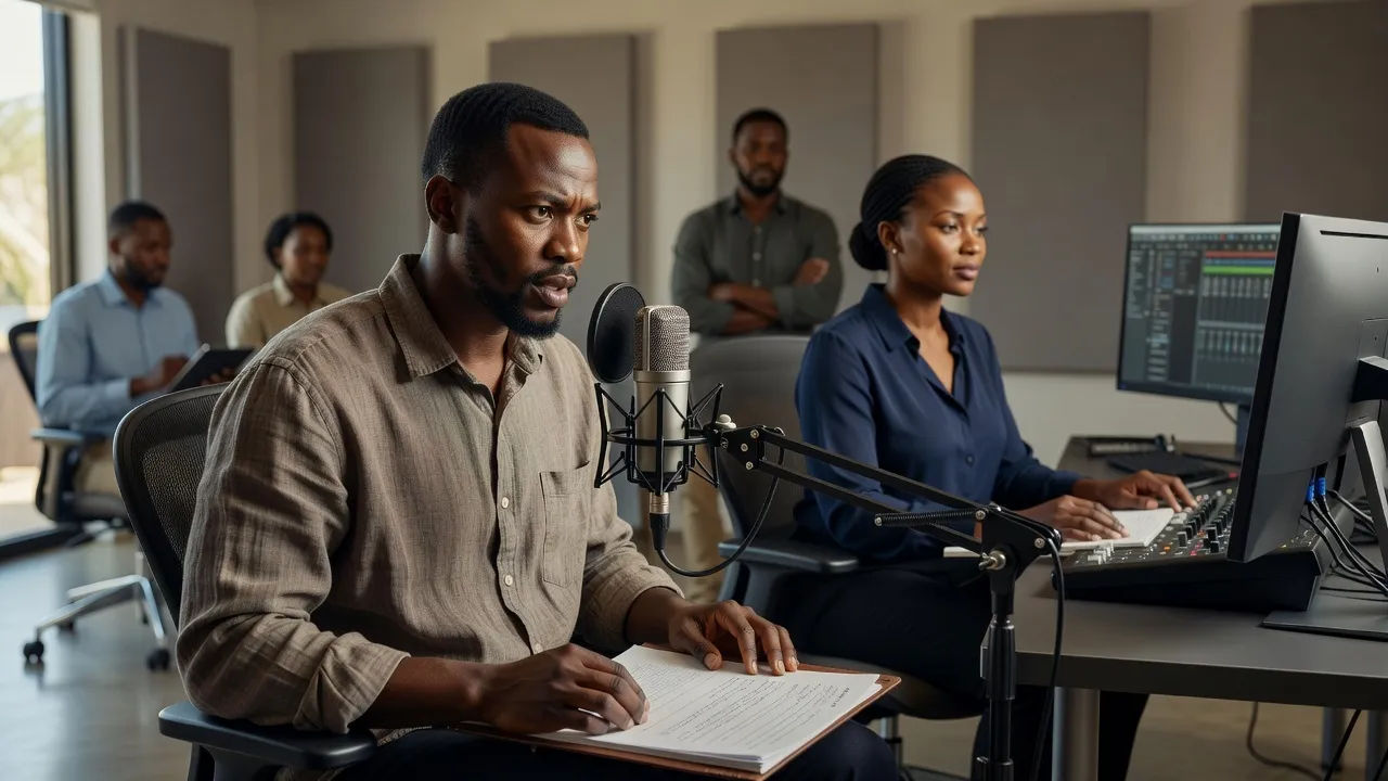 Localization team recording Zulu dubbing for a documentary