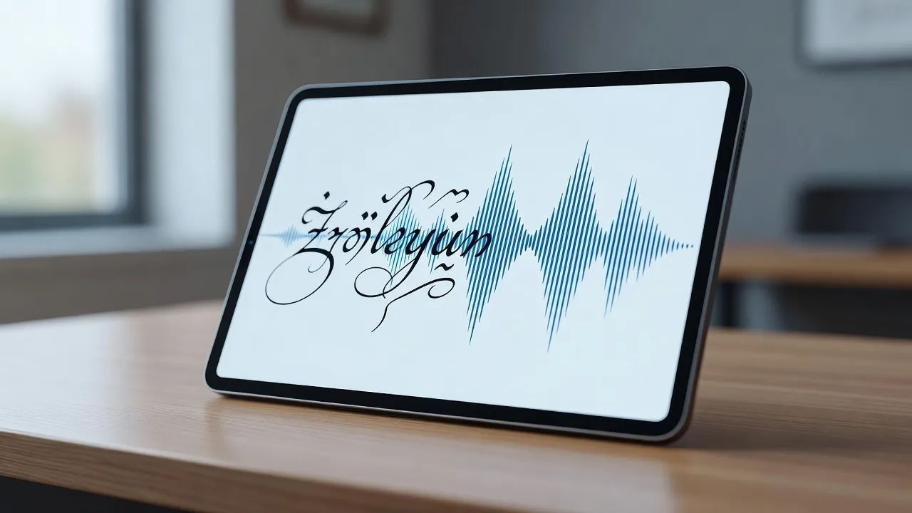 Zulu script turning into a voiceover waveform on a tablet