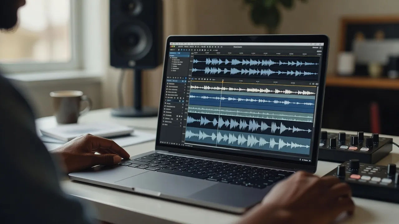Editing a Zulu voice prompt on a laptop for a localized film