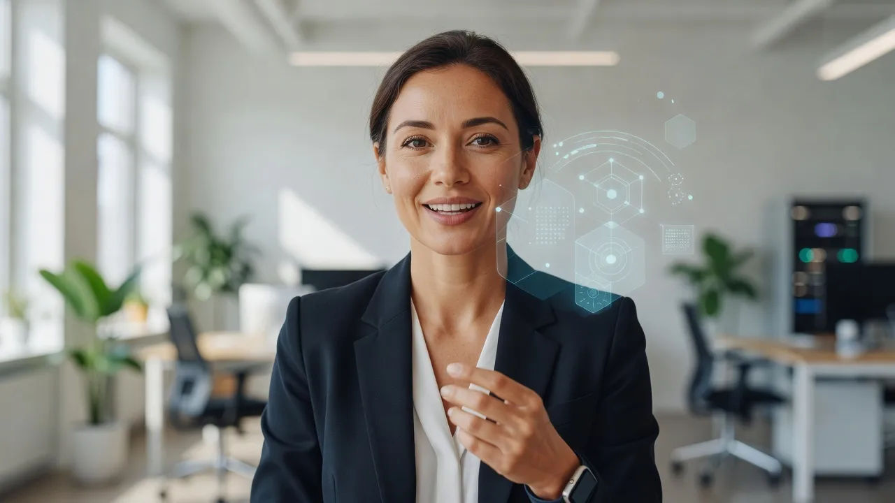 Close portrait of a friendly female tech presenter mid-word to camera