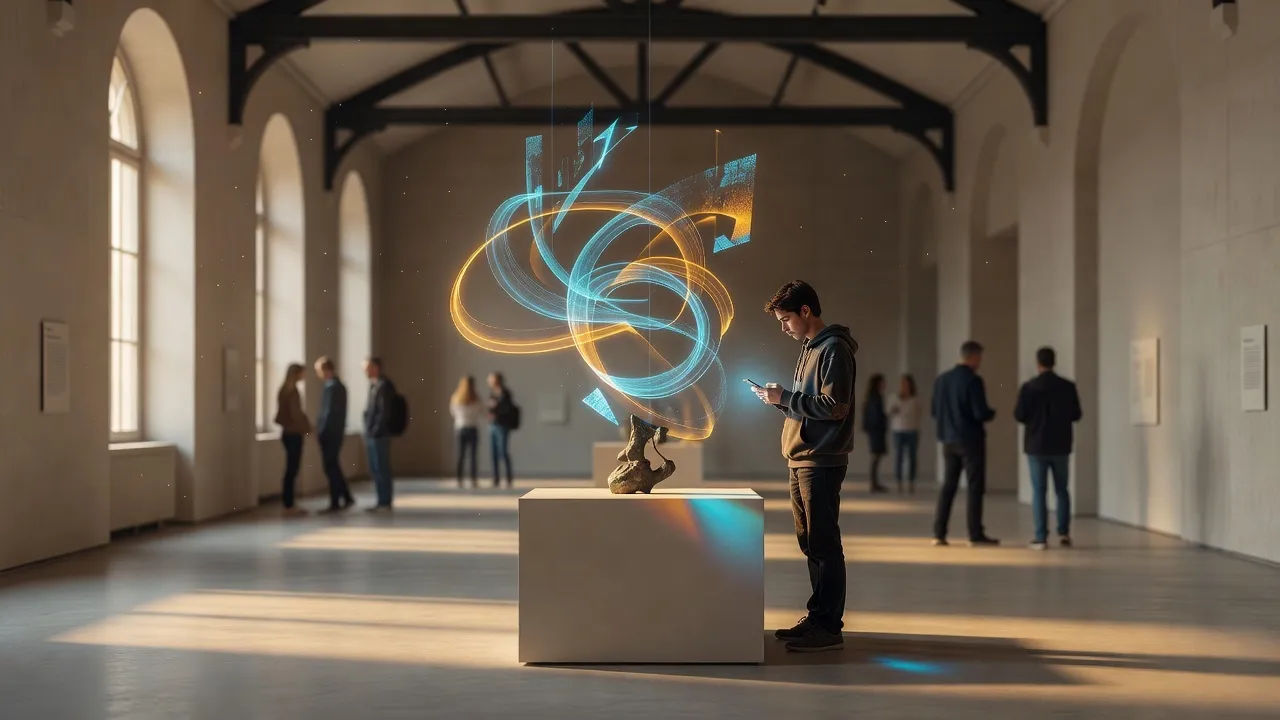 Wide museum gallery scene where a visitor holds up a phone revealing abstract glowing overlay shapes above an