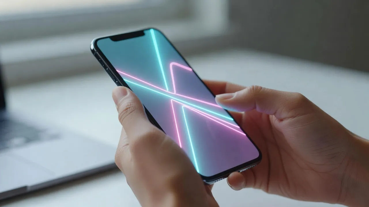 Macro beat of a smartphone held in two hands showing an abstract glowing try-on overlay of geometric contours