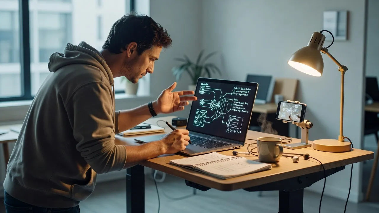 A concentrated AR developer at a standing desk sketching overlay logic on a laptop