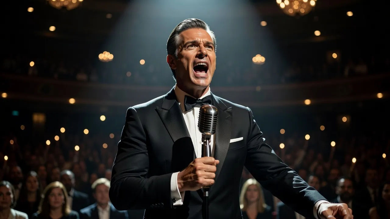 Close low-angle portrait of a booming award show presenter at a microphone