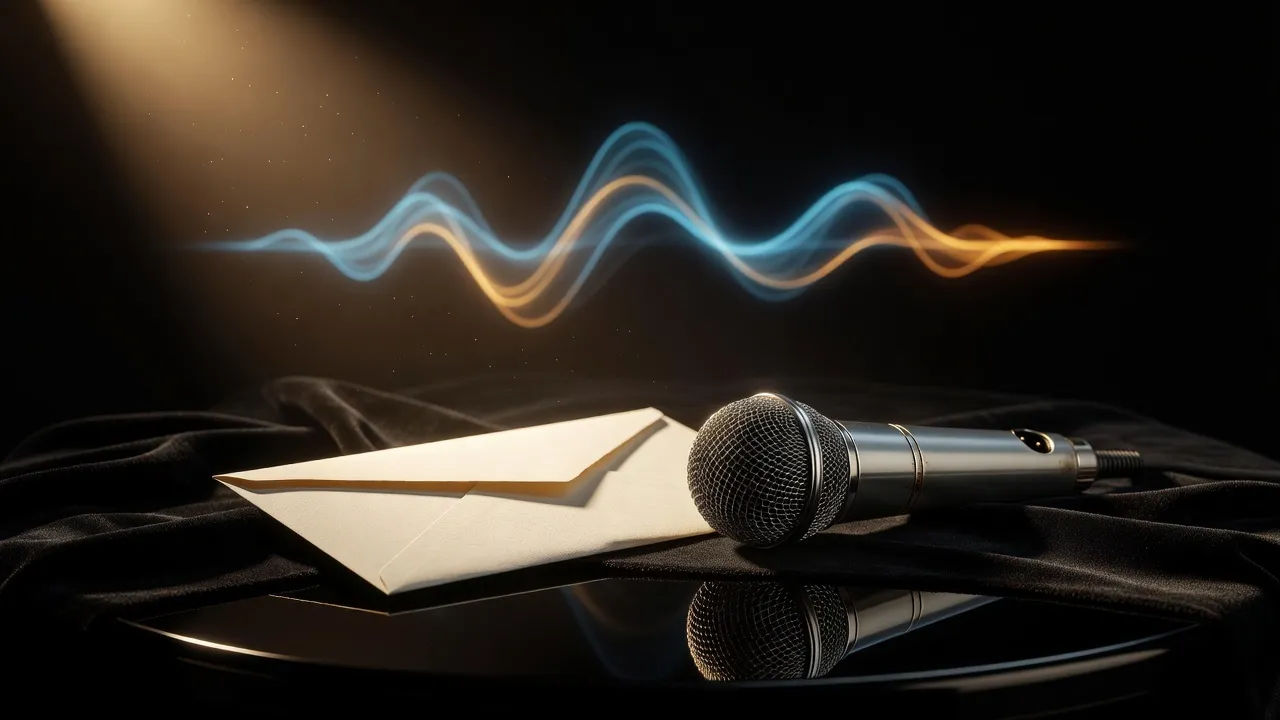 Studio detail of a vintage broadcast microphone beside a sealed blank envelope on dark velvet