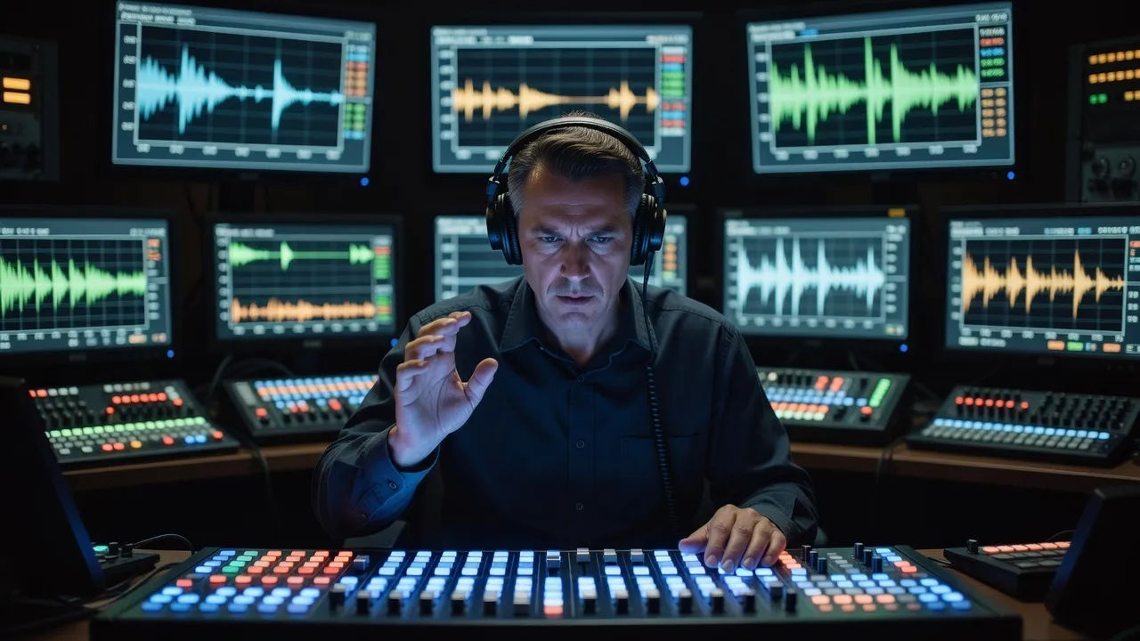 A broadcast operator in a control gallery directing an announcer voice