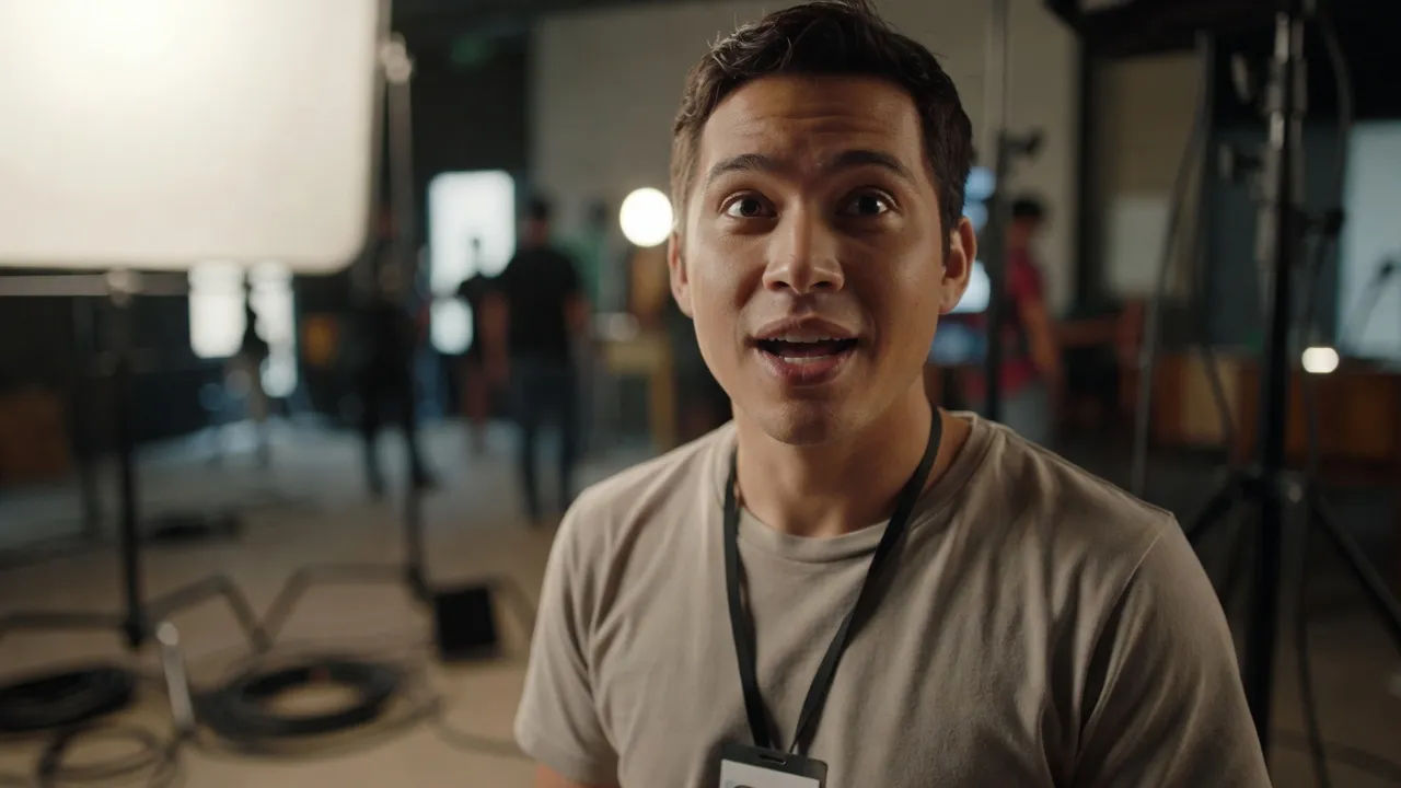 Handheld-style close portrait of a friendly behind-the-scenes host talking to camera on a film set