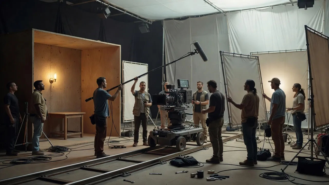 Wide making-of view of a busy film set between takes