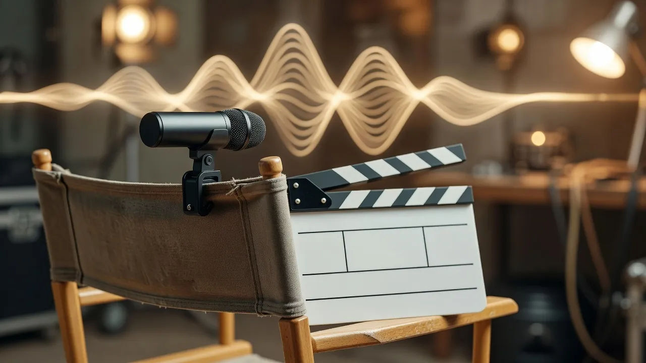 Detail beat of a small on-camera microphone clipped to a director's chair back beside a clapperboard left blank