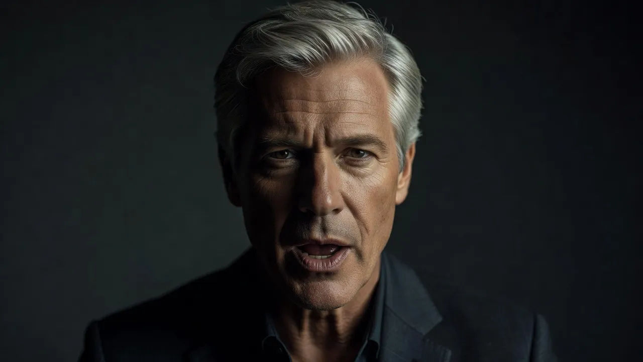 Close portrait of a distinguished silver-haired male documentary host mid-sentence to camera