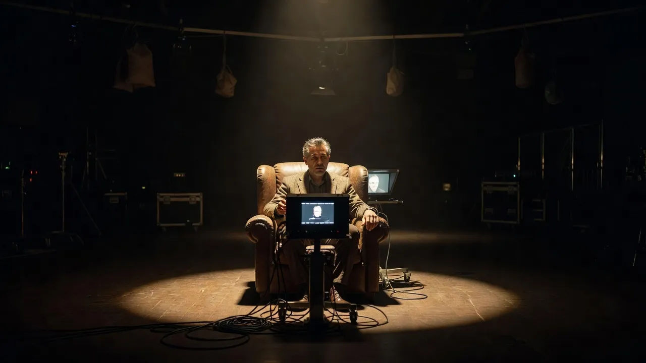 Wide docu-style shoot on a darkened stage set
