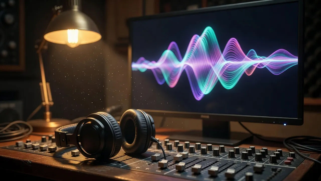 Macro beat of studio headphones resting on a mixing desk beside an abstract glowing spectral waveform on a screen