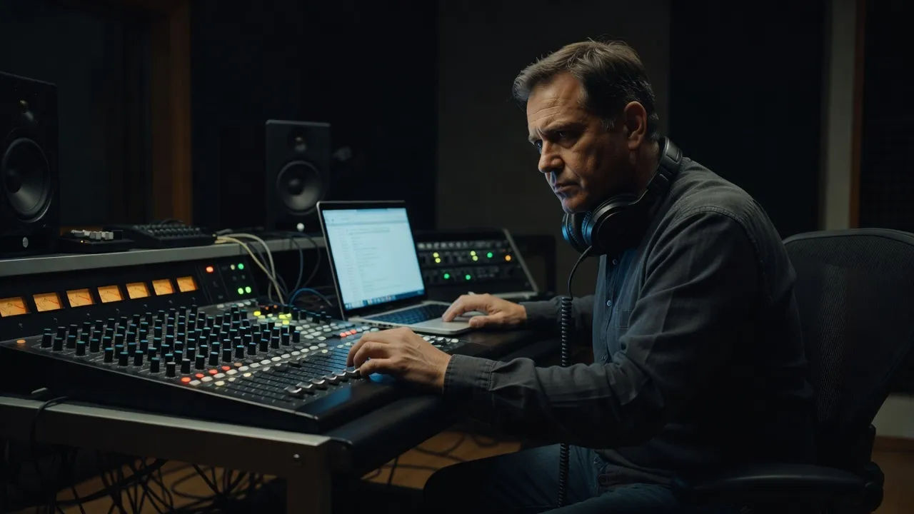 A concentrated voice editor at a broadcast desk in a dim edit suite