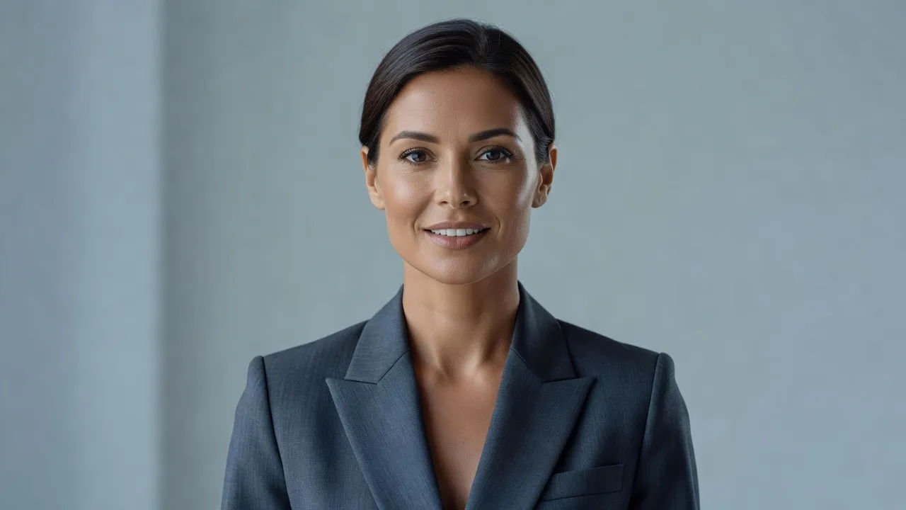 Polished close portrait of a confident spokesperson in a tailored blazer presenting to camera