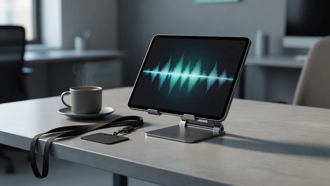 Sleek desk beat: a tablet propped on a stand showing an abstract glowing audio meter