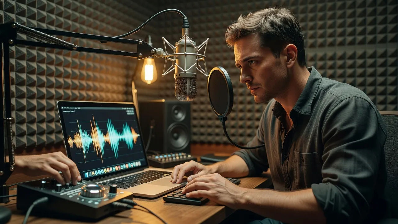 A marketing creator in a compact studio booth directing a voice take on a laptop