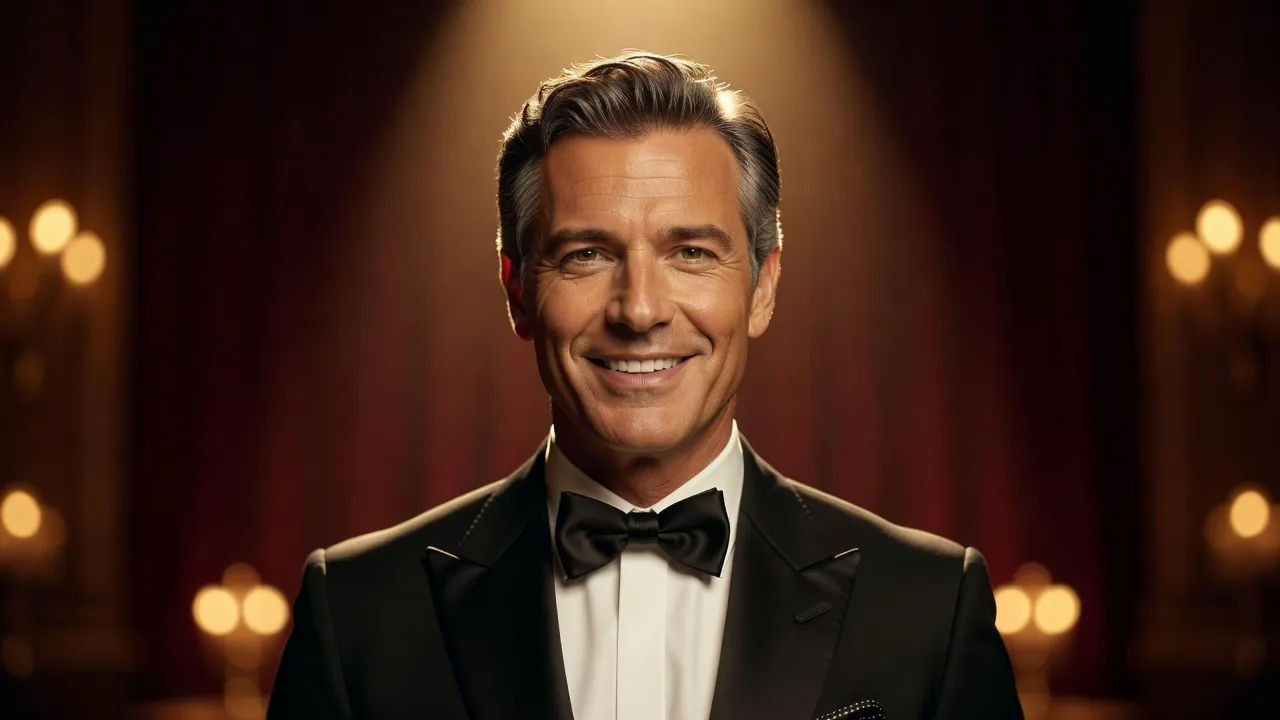 Close-up of a polished male host in a sharp tuxedo delivering an announcement line to camera