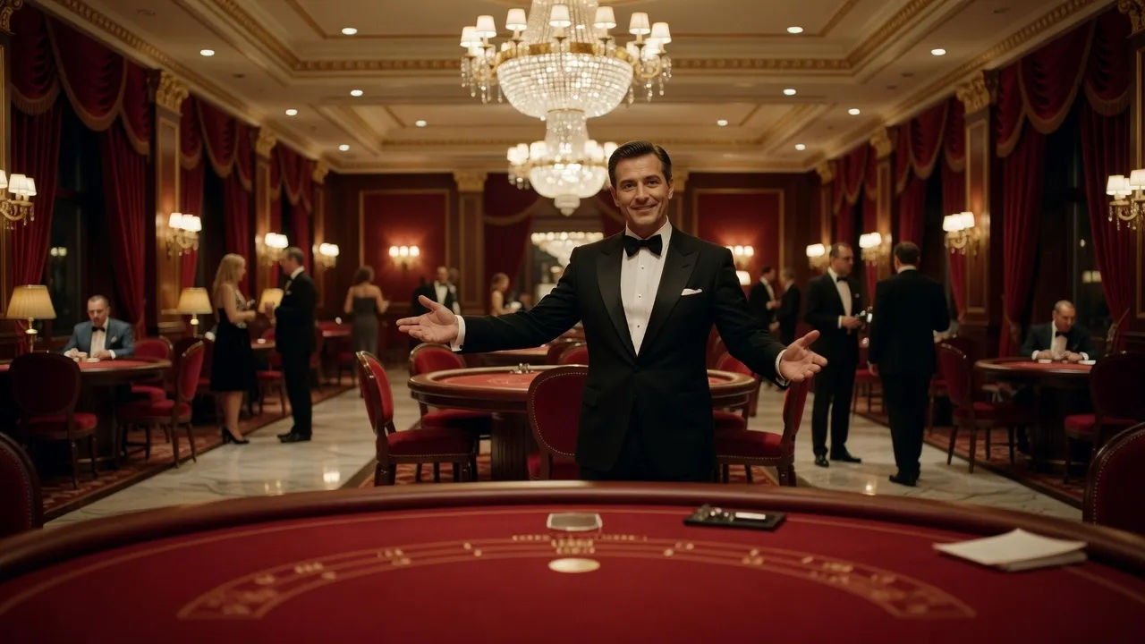 Wider establishing shot of an elegant casino floor at night