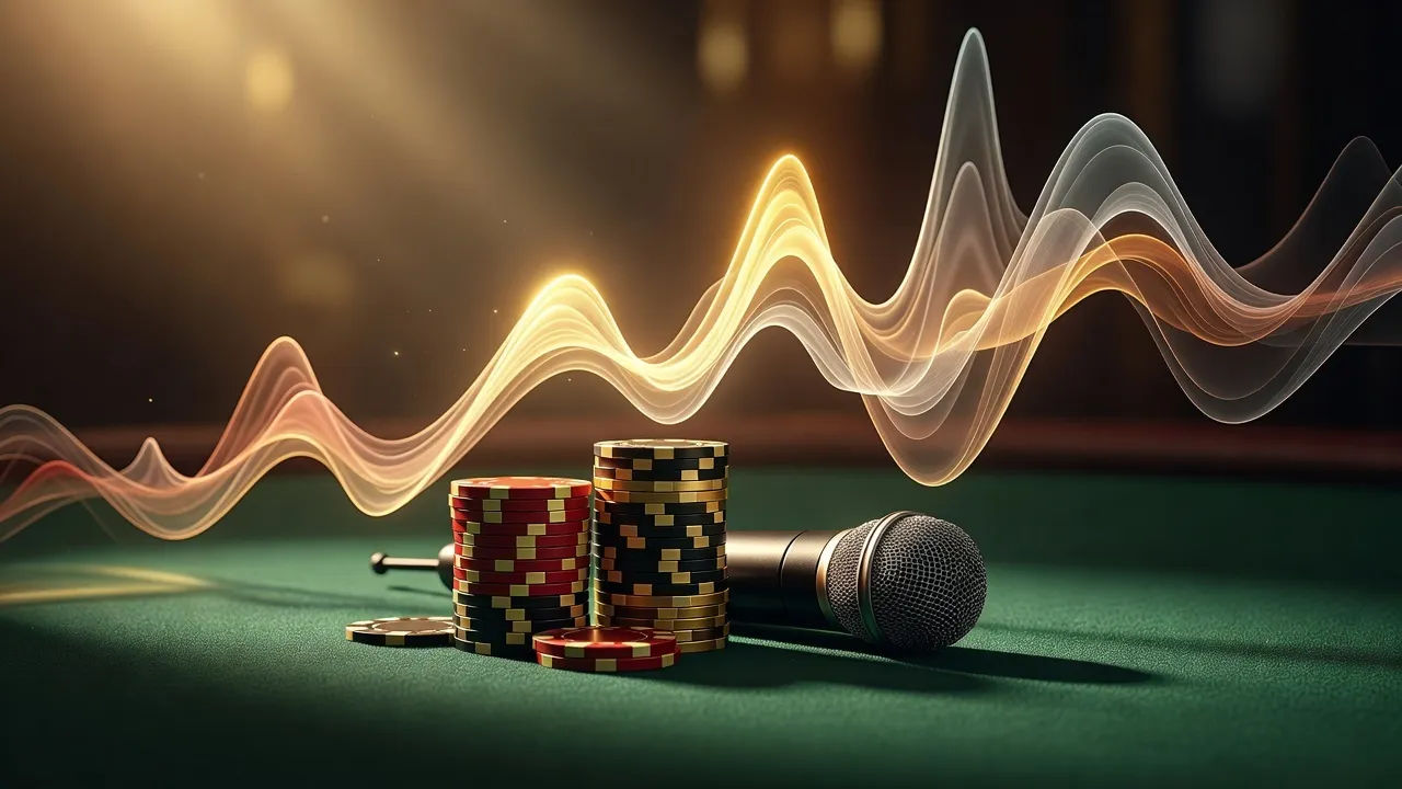 Macro beat of a stack of poker chips and a wireless mic on green felt