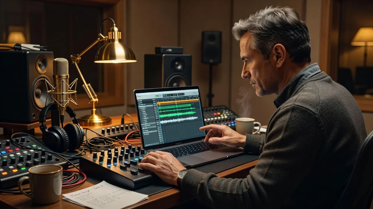 A composed audio producer directing a promo take on a laptop in a warm-lit studio
