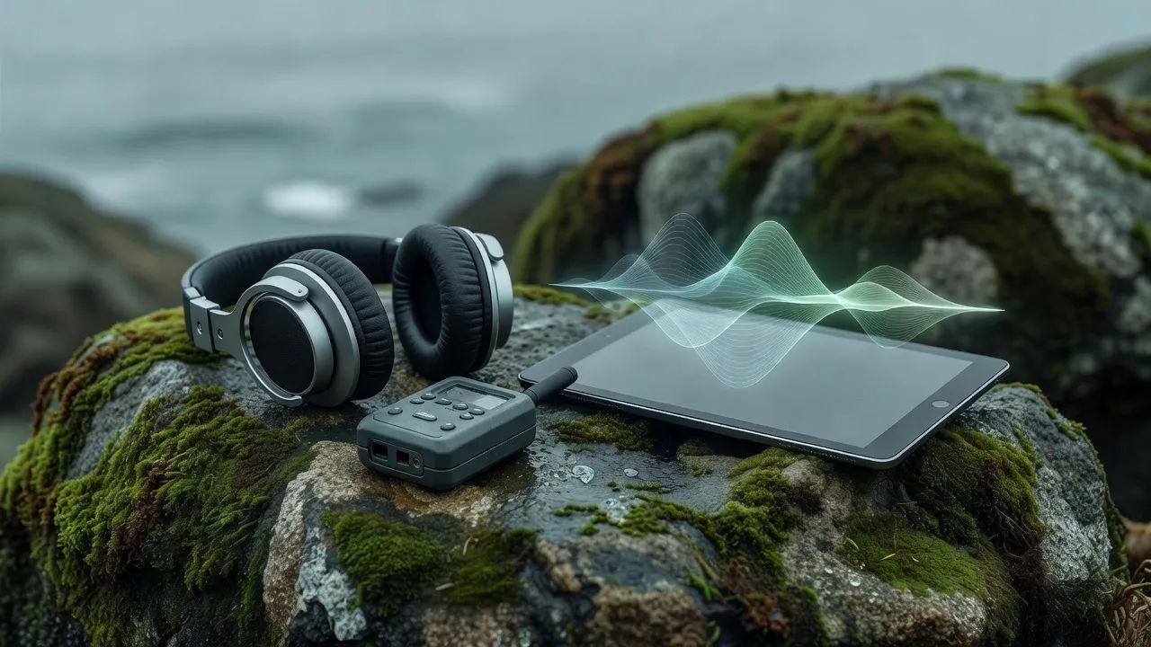 Topical beat of studio headphones and a field recorder on mossy stone