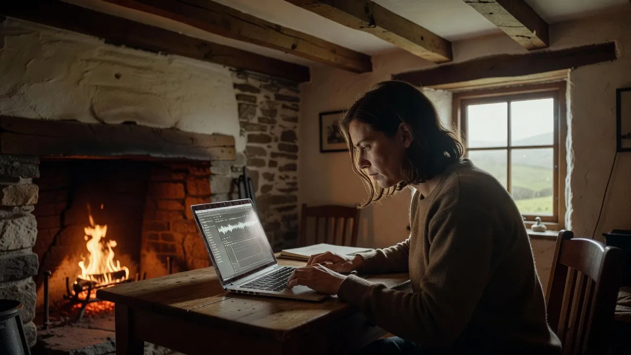 A young Connacht documentary editor directing audio on a laptop in a rustic cottage studio