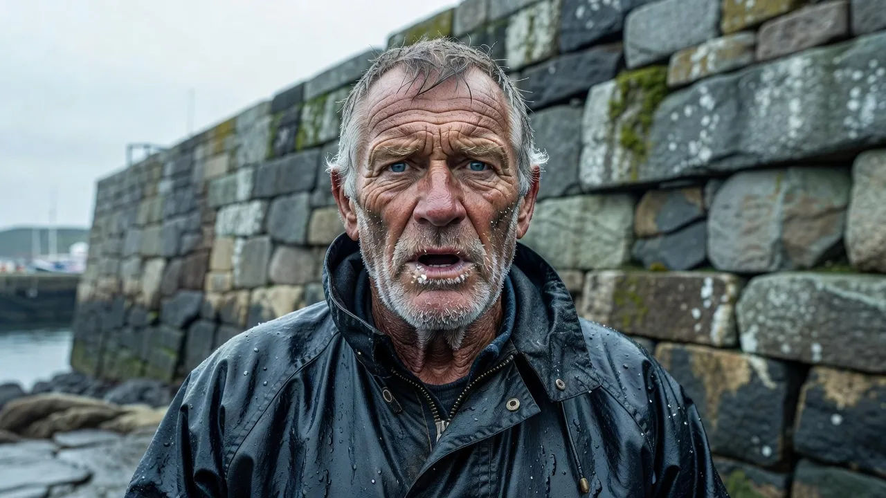 Tight portrait of a rugged older Cornish fisherman in an oilskin coat