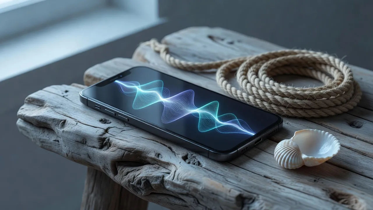 Close product beat of a smartphone on a driftwood table showing an abstract glowing audio waveform