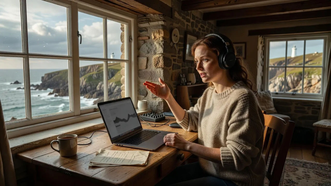 A young Cornish woman creator directing narration on a laptop in a coastal cottage