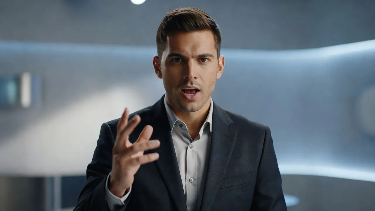 Close-up of a sharp young male fintech host explaining a point to camera