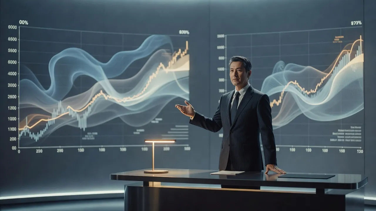 Wider establishing shot of a modern trading-explainer set