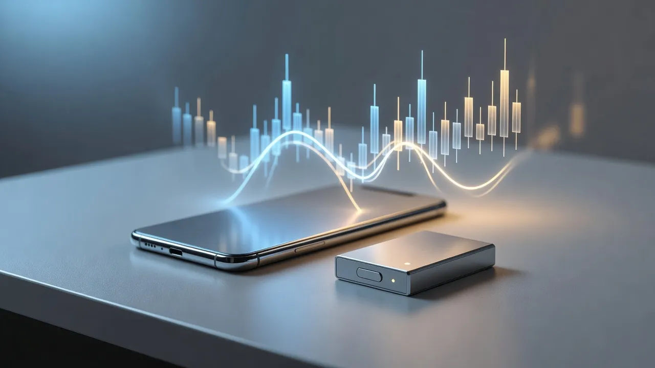 Macro beat of a smartphone and a small hardware device on a matte desk