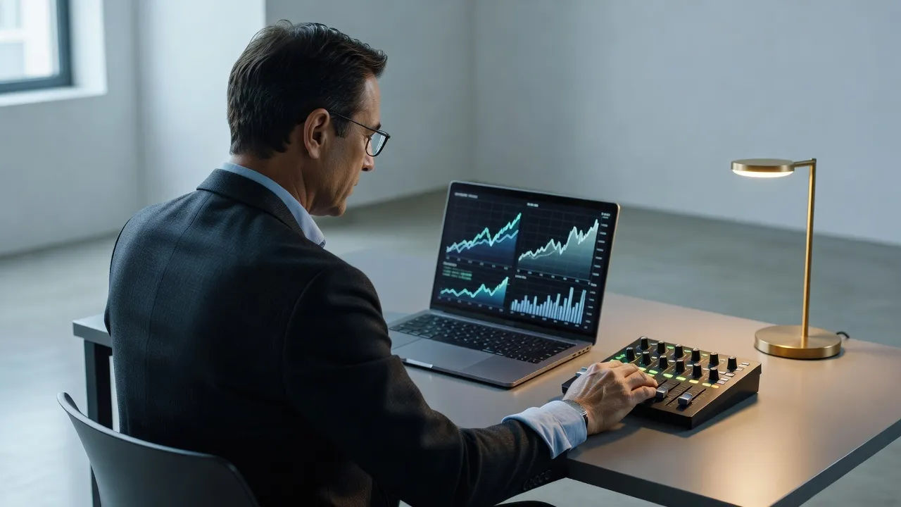 A focused analyst directing a tutorial voiceover on a laptop in a minimalist office